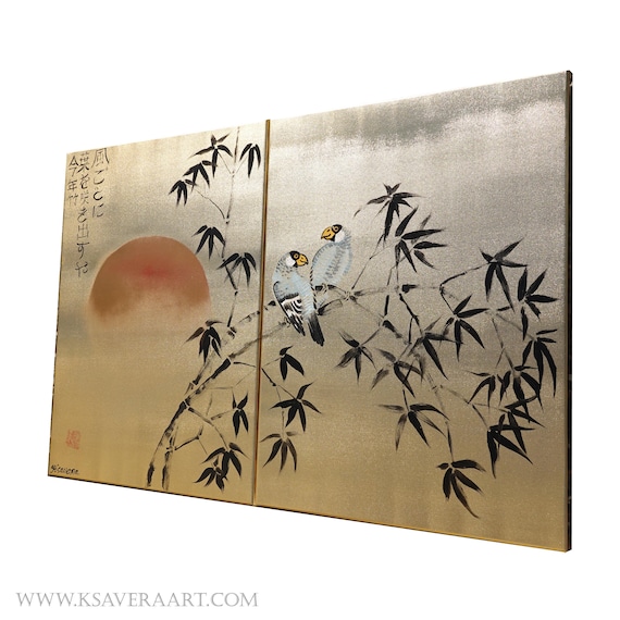 Gold paintings J322 - Bamboo and love birds - Japanese style painting Japan art stretched canvas acrylic wall art by artist Ksavera