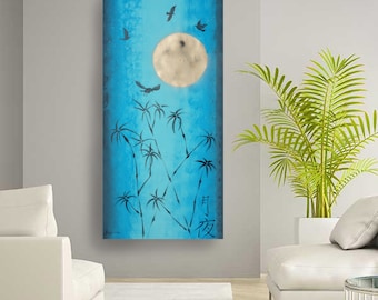 blue painting Moonlight night moon Zen japanese style 80x160 cm unstretched canvas J097 Japan art original artwork by artist Ksavera