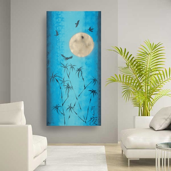 blue painting Moonlight night moon Zen japanese style 80x160 cm unstretched canvas J097 Japan art original artwork by artist Ksavera