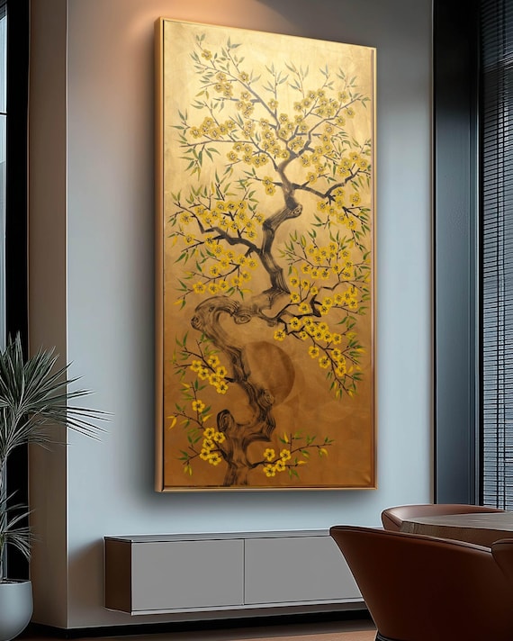 Cherry blossoms J499 — gold Japanese Painting | Large Original Acrylic on Canvas | Ksavera