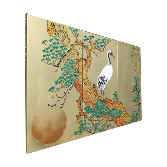 Japanese crane J380 - large triptych, original art, japanese style paintings by artist Ksavera