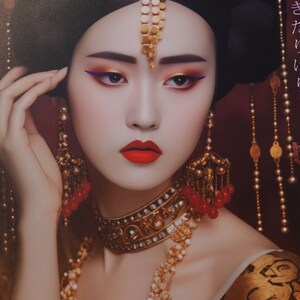 May include: A woman wearing a gold crown and elaborate jewelry, including a necklace, earrings, and a headpiece. She has red lipstick and blue eyeliner. The background is a dark red.