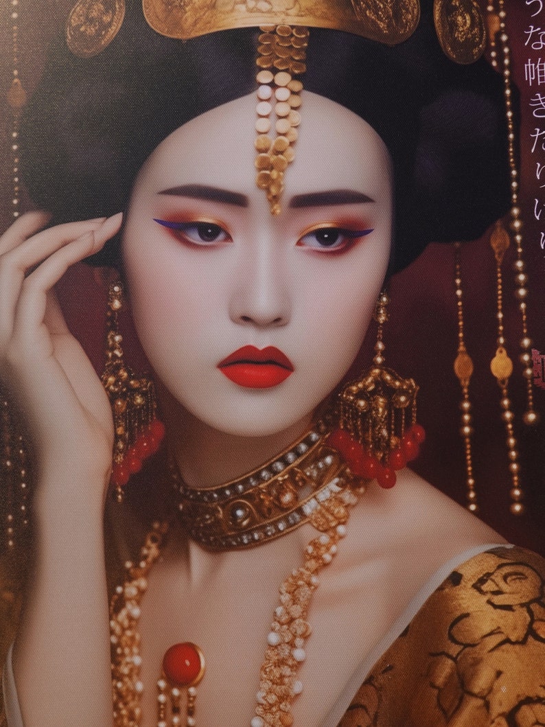 May include: A woman wearing a gold crown and elaborate jewelry, including a necklace, earrings, and a headpiece. She has red lipstick and blue eyeliner. The background is a dark red.