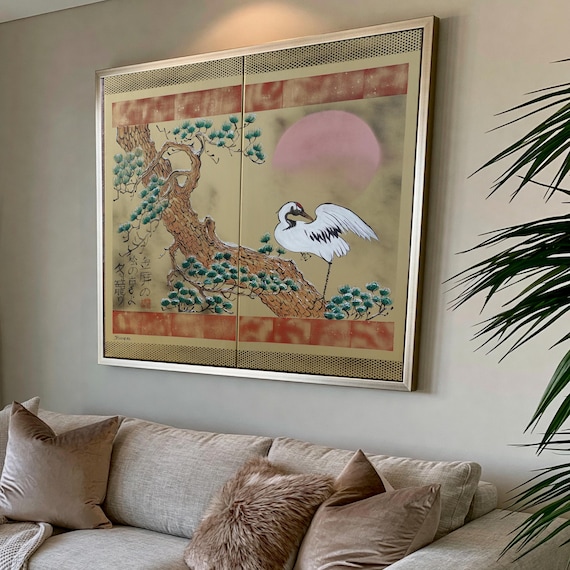 Japanese Pine Acrylic Painting J346 Gold Diptych with Crane Motif b Ksavera