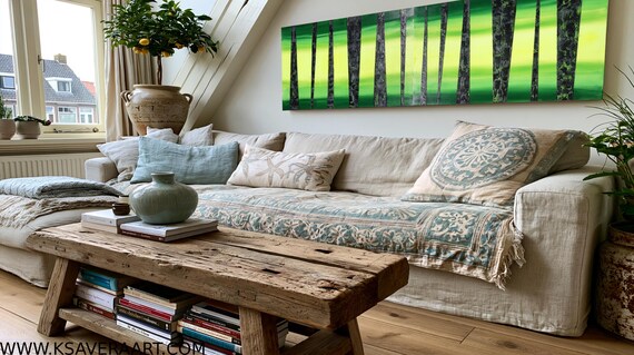 Neon Lime Green Abstract Painting A039 Textured Acrylic Wall Art Set by Ksavera