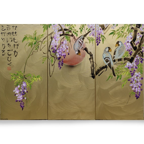 Japan art love birds Japanese style painting J192 Large paintings art stretched canvas acrylic paintings gold wall art by artist Ksavera