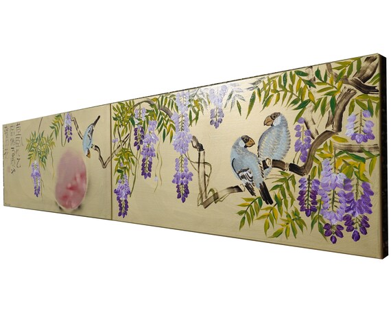 Gold paintings J353 - Wisteria and love birds - Japanese style painting Japan art stretched canvas acrylic wall art by artist Ksavera