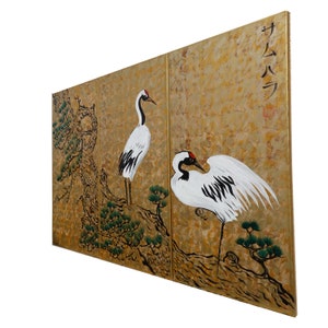 Japanese cranes サムハラ Samuhara Japan art Japanese style painting J093 Large paintings art 100x150x2 cm gold wall art by artist Ksavera image 5