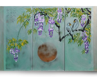 Cuadros acrílicos japoneses plateados - Glicinas y pájaros J359 - Tríptico - Cuadros japoneses en estilo japonés - Original del artista Ksavera