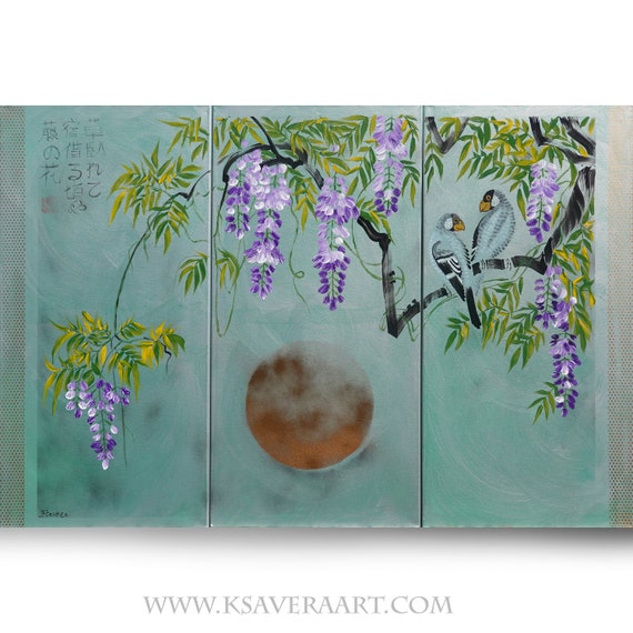 Japan art - Wisteria and love birds J359 - Japanese style painting - Large paintings - stretched canvas acrylic paintings by artist Ksavera