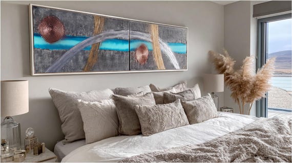 Textured Abstract Paintings A680 Gray Blue Stripe, Silver Gold Bows by Ksavera