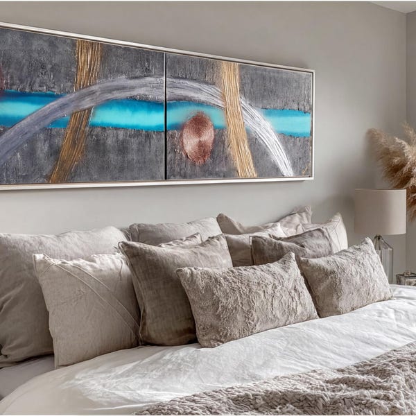 Textured Abstract Paintings A680 Gray Blue Stripe, Silver Gold Bows by Ksavera