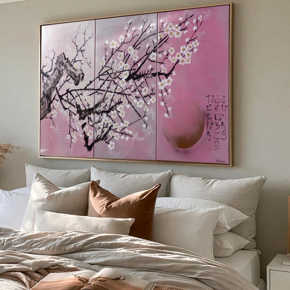 Japanese Sakura J277 - cherry blossom triptych - large original acrylic painting in silver and pink by the artist Ksavera. 