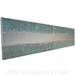 The image is a large, rectangular painting with a textured, metallic surface in shades of blue and gray.