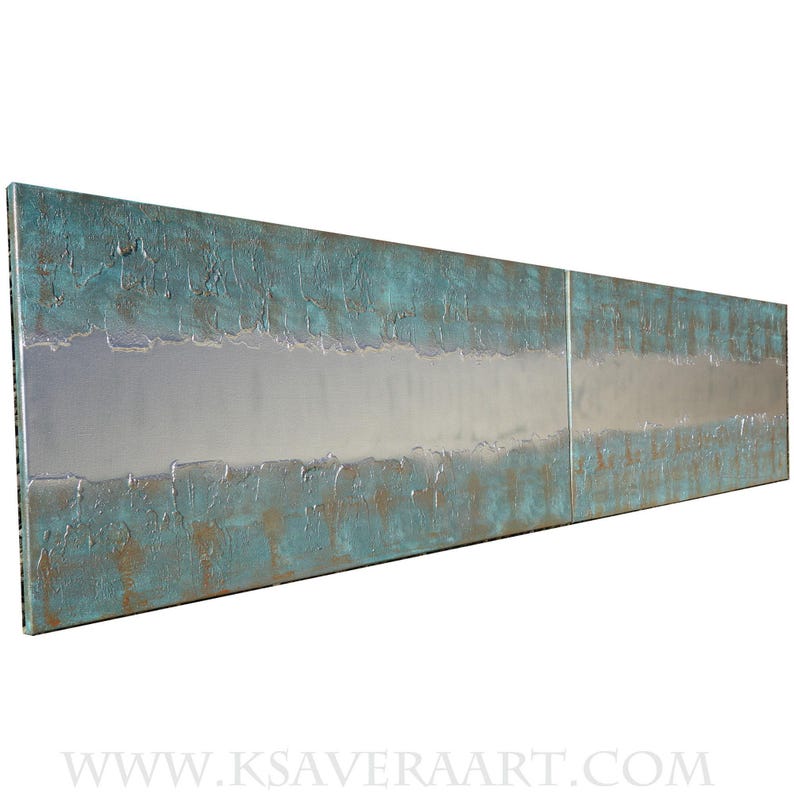 The image is a large, rectangular painting with a textured, metallic surface in shades of blue and gray.