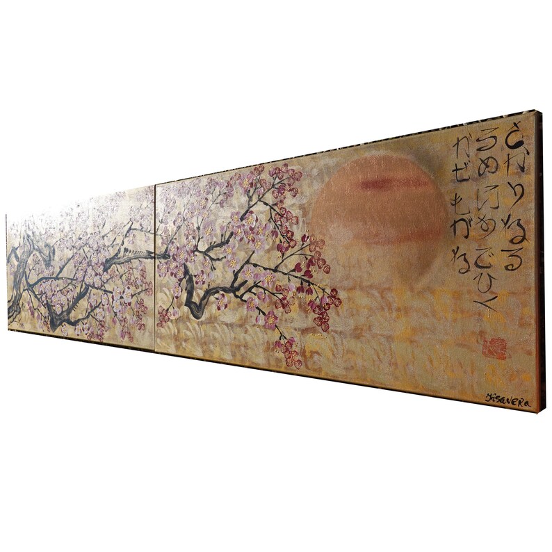 The image is a large painting depicting a cherry blossom tree with pink flowers against a golden background.