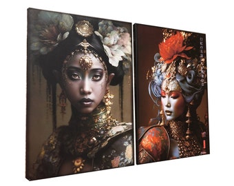 Japanese gold geisha DS0241 by artist Ksavera - set of 2 giclee prints on stretched canvas, black or gold edges. READY to HANG - diptych