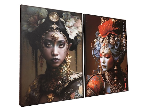 Japanese gold geisha DS0241 by artist Ksavera - set of 2 giclee prints on stretched canvas, black or gold edges. READY to HANG - diptych