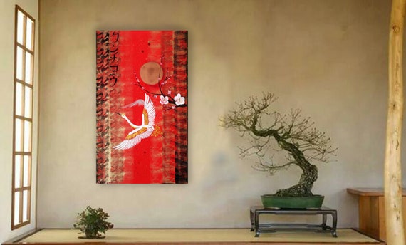 Japanese crane sun Japan Hieroglyph red original artwork in japanese style J116 wall art by artist Ksavera