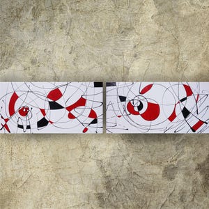 abstract art with bold red and black lines and shapes on a white background.