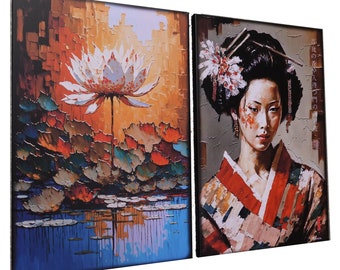 Japanese gold geisha DS0246 by artist Ksavera - set of 2 giclee prints on stretched canvas, black or gold edges. READY to HANG - diptych