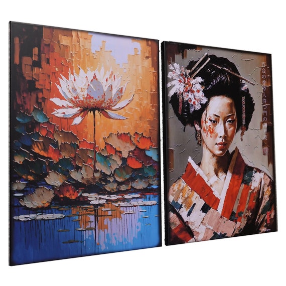 Japanese gold geisha DS0246 by artist Ksavera - set of 2 giclee prints on stretched canvas, black or gold edges. READY to HANG - diptych