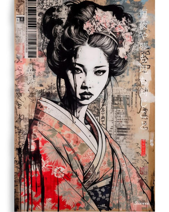 Japanese geisha DS0502 by artist Ksavera - Giclée print on the stretched canvas or the unstretched canvas, the fleece blanket or mat rug