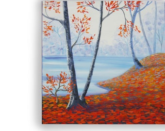 Autumn decor Enchanted Forest Original Acrylic Painting Impressionist Art Contemporary orange sky blue frost