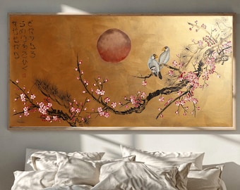 Love Birds and Pink Sakura J535 | Large Horizontal Gold Japanese Painting | Ksavera