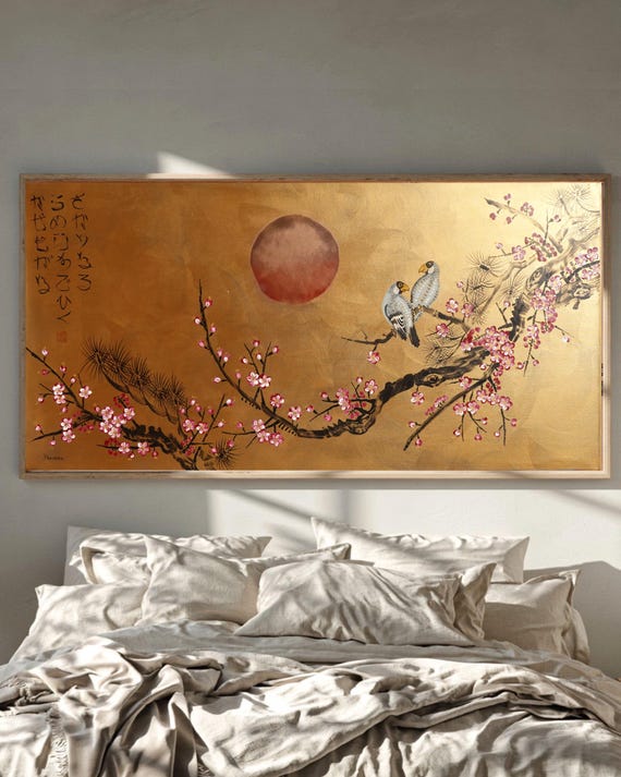 Love Birds and Pink Sakura J535 | Large Horizontal Gold Japanese Painting | Ksavera