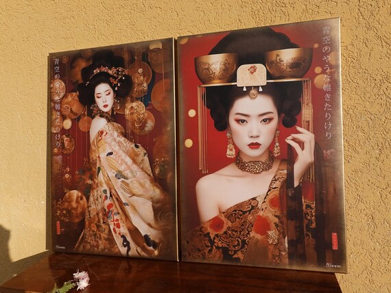 Geisha Wall Art DS0402 Japanese Gold Canvas Prints - Set of 2 by Ksavera