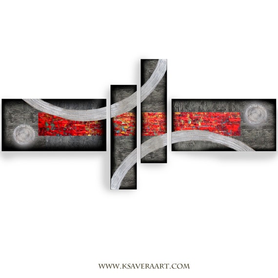 Silver black red Abstract Set 4 piece paintings modern art A2011/13 Abstract textured Painting Acrylic Contemporary Art by artist Ksavera