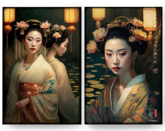 Japanese gold geisha DS0245 by artist Ksavera - set of 2 giclee prints on stretched canvas, black or gold edges. READY to HANG - diptych