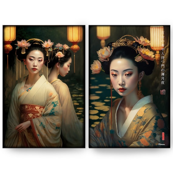 Japanese gold geisha DS0245 by artist Ksavera - set of 2 giclee prints on stretched canvas, black or gold edges. READY to HANG - diptych