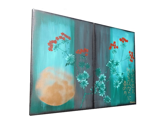 Japanese moon J291 - gold emerald diptych, original acrylic painting, japanese style paintings by artist Ksavera