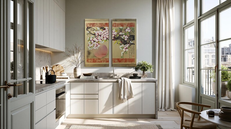 a modern, well-lit kitchen with white cabinets, a large window, and a large floral painting on the wall.