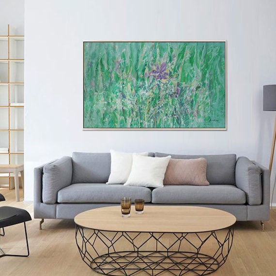 Large floral green painting 100x160 cm unstretched canvas Flowers i008 art original modern contemporary artwork by artist Airinlea