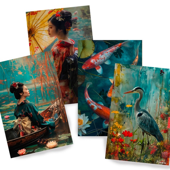 Japanese geisha DS0590 by Ksavera - Digital print set of 4 - synthography fine art prints - Printed on glossy premium fine art photo paper