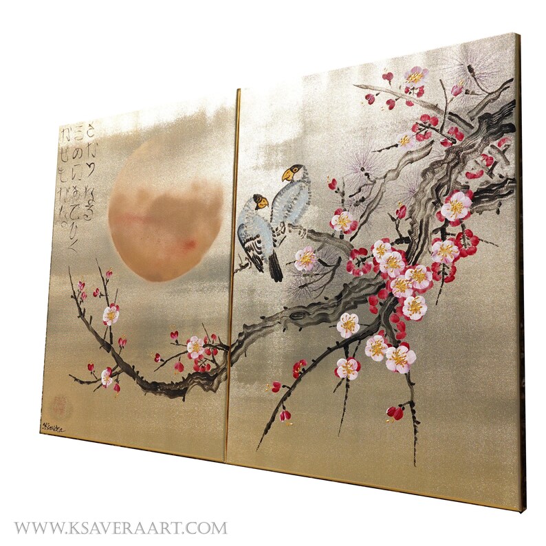 The image is a large, two-panel artwork featuring a golden background with a large, round, glowing moon and a branch with pink and white flowers. The artwork is a traditional Japanese style, with intricate details and a sense of depth and dimension.