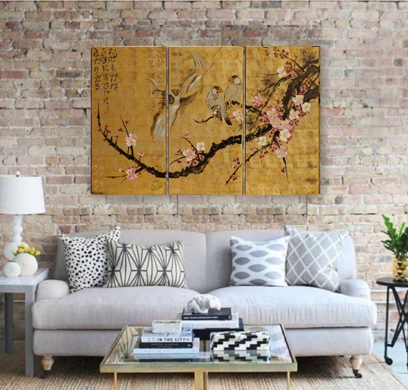 Japan art cherry blossom and love birds Japanese style Zen painting J135 Large paintings acrylic gold wall art by artist Ksavera image 7
