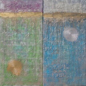 The image is a two-panel abstract painting featuring a mix of blue, green, and purple colors. The left panel has a golden line running across it, while the right panel has a circular design with a white center.