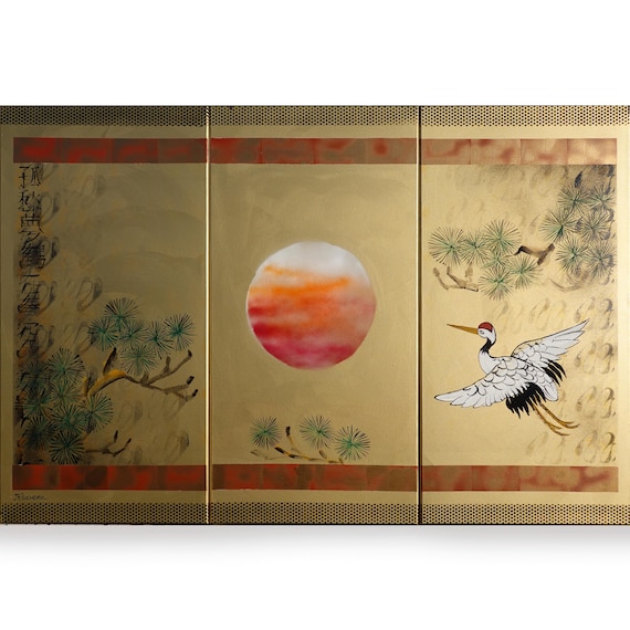 Japanese style painting - Crane J413 - Gold paintings - Japan art - acrylic paintings on stretched canvas - triptych art by artist Ksavera
