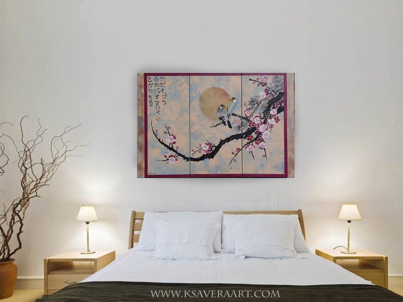 Japanese painting sakura branch sun and birds Japan Hieroglyph original artwork in japanese style J181 wall art by artist Ksavera image 3