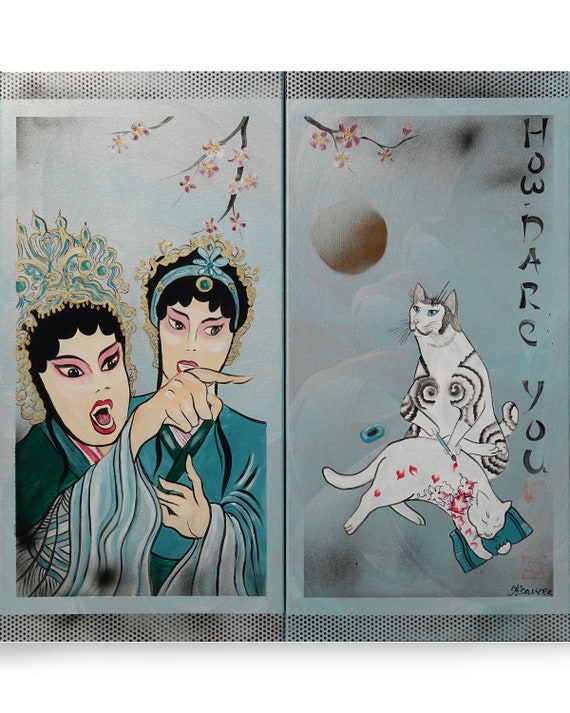 Japanese tattoo artist cat J260 - silver teal diptych, original acrylic paintings, japanese style art by artist Ksavera