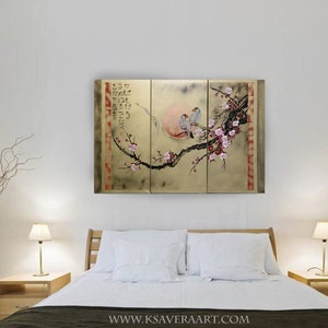 Japan art cherry blossom and love birds Japanese style painting J185 canvas original acrylic paintings gold wall art by artist Ksavera image 9