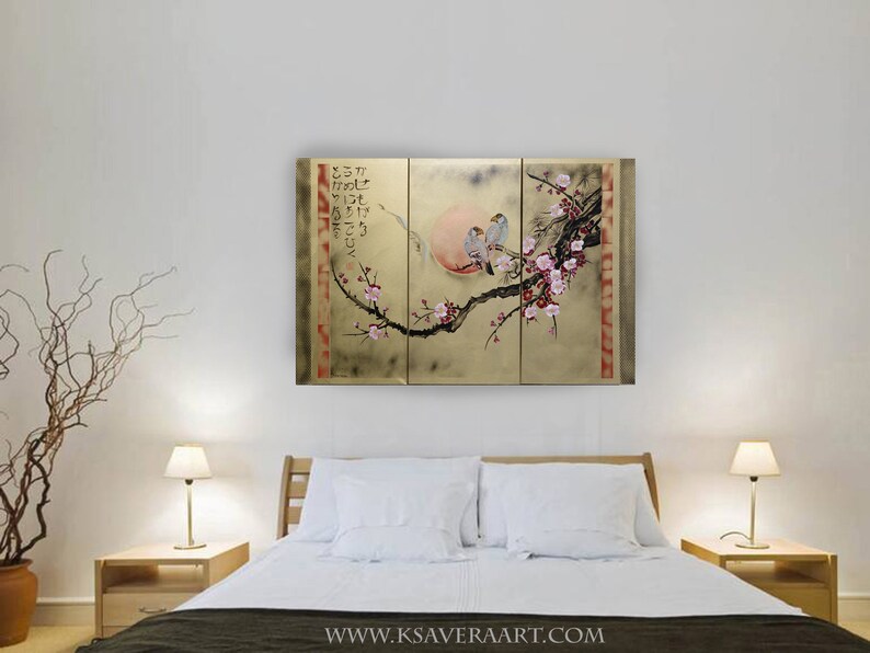 Japan art cherry blossom and love birds Japanese style painting J185 canvas original acrylic paintings gold wall art by artist Ksavera image 9