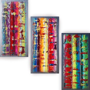 three abstract paintings with vibrant colors and dynamic brushstrokes, creating a visually striking and energetic composition.