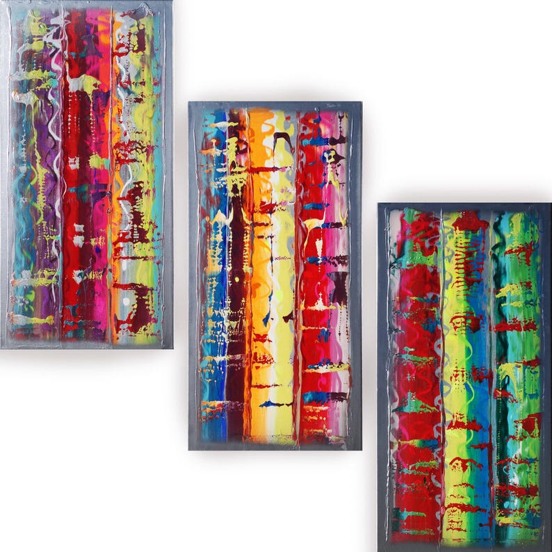 three abstract paintings with vibrant colors and dynamic brushstrokes, creating a visually striking and energetic composition.