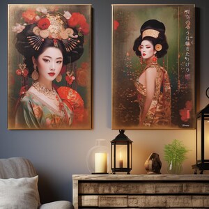 two large framed prints of women in traditional Asian garb, including elaborate headpieces and floral designs, displayed on a wall above a wooden shelf with various decorative items.