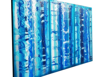 tryptych Blue Abstract Paintings A608 art for Lounge, Office, Sleeping room or above sofa by Ksavera